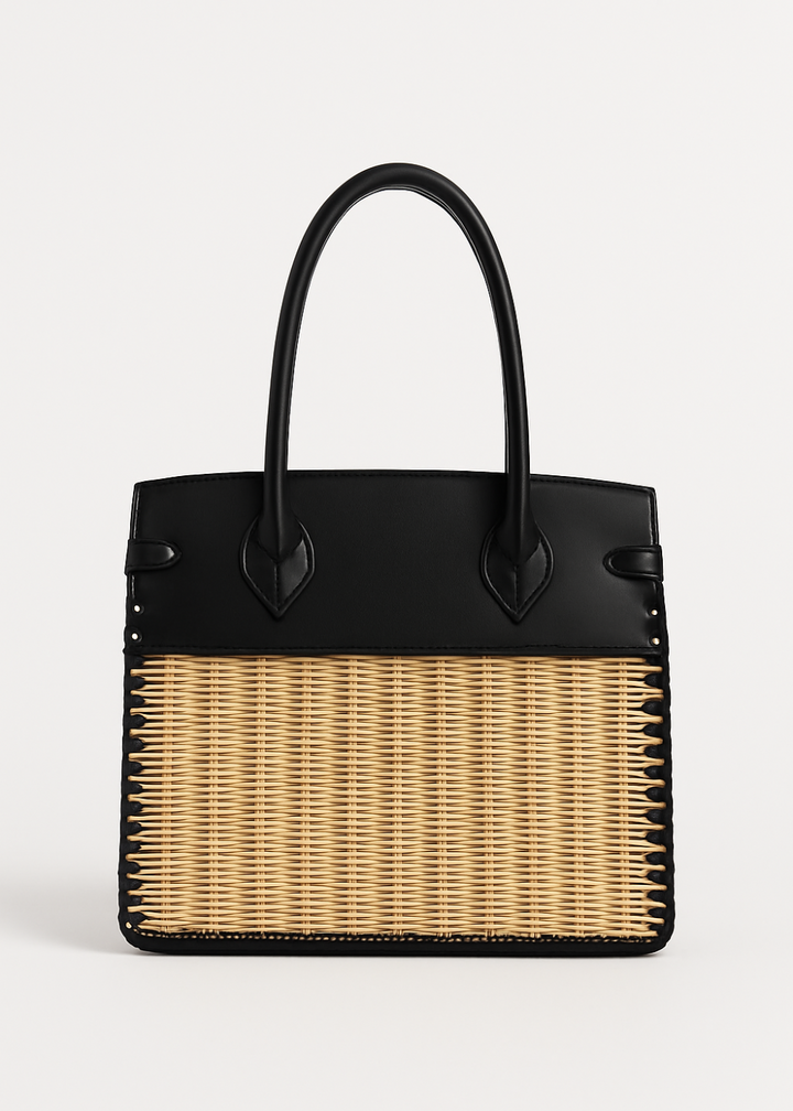 Elegant Woven Straw Tote Bag – Vegan Leather Top Handle Handbag