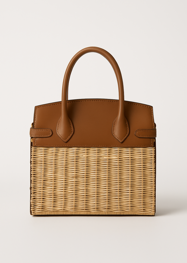 Elegant Woven Straw Tote Bag – Vegan Leather Top Handle Handbag