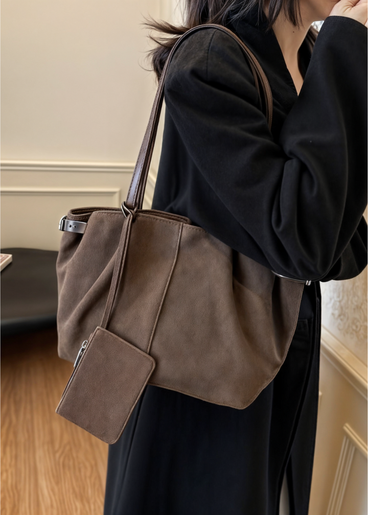 Ladies suede handbag - Large shoulder bag with zipper