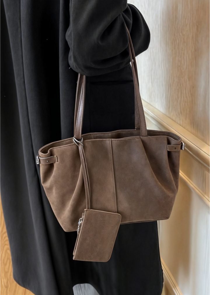 Ladies suede handbag - Large shoulder bag with zipper