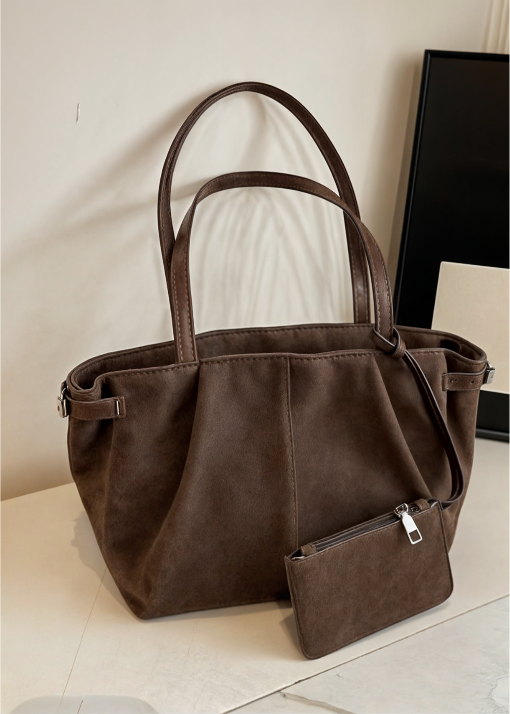 Ladies suede handbag - Large shoulder bag with zipper