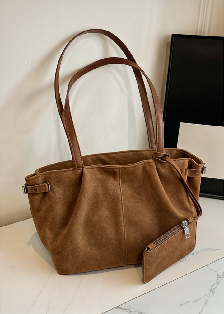 Ladies suede handbag - Large shoulder bag with zipper