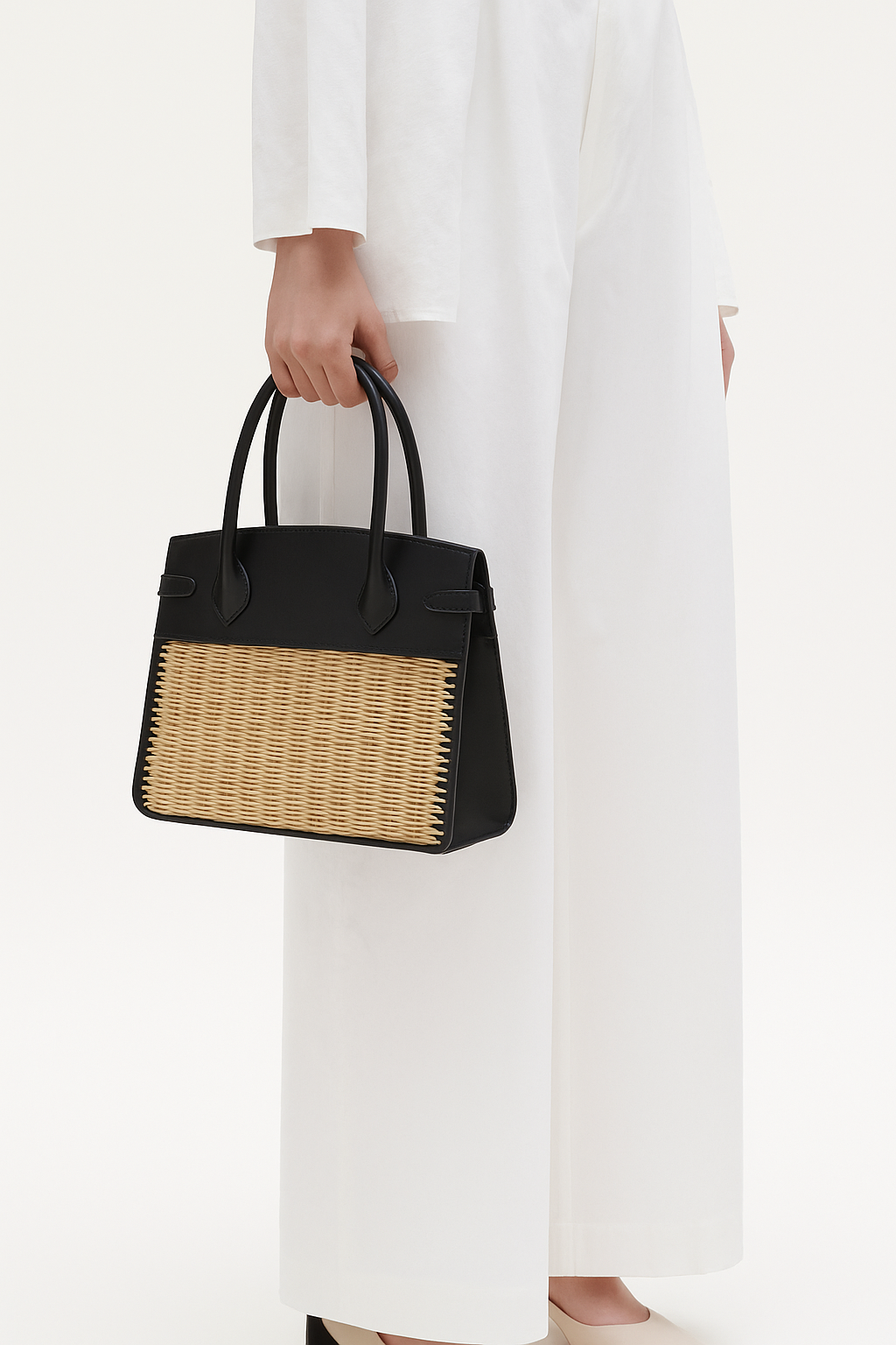 Elegant Woven Straw Tote Bag – Vegan Leather Top Handle Handbag