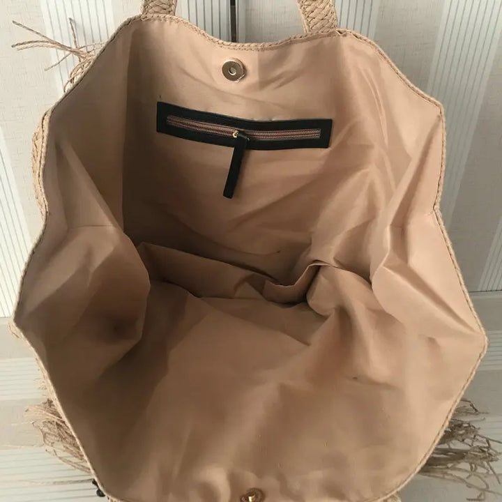 Handmade Straw Beach Bag with Tassels – Large Boho Tote