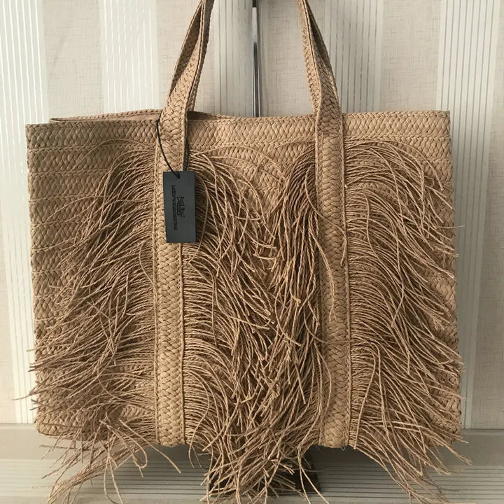 Handmade Straw Beach Bag with Tassels – Large Boho Tote
