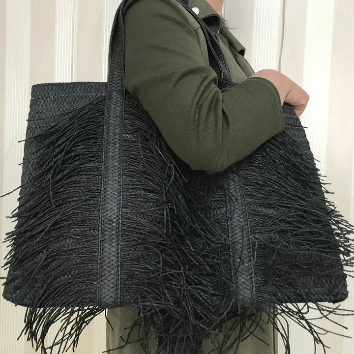 Handmade Straw Beach Bag with Tassels – Large Boho Tote