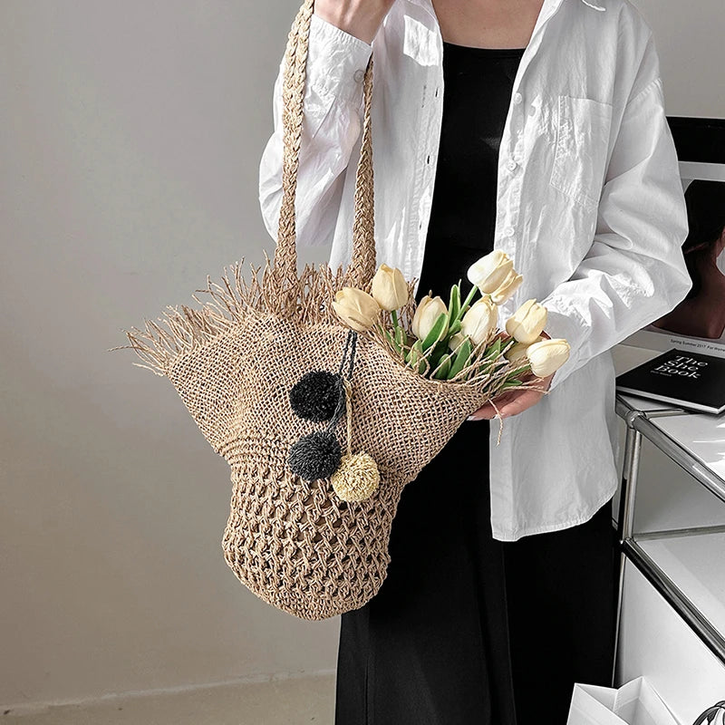 Large Straw Beach Tote Bag – Handwoven Summer Shopper